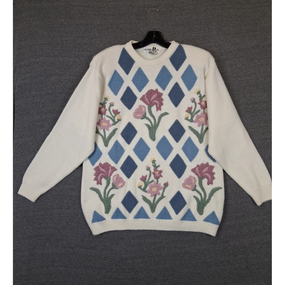 VTG Alfred Dunner Womens Sweater L White Blue Diamond Embroidered Floral Granny